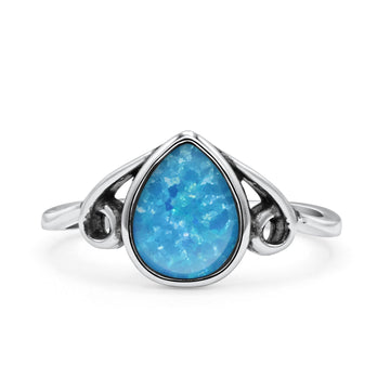 Pear Statement Fashion Vintage Style Thumb Ring Lab Created Blue Opal Oxidized 925 Sterling Silver